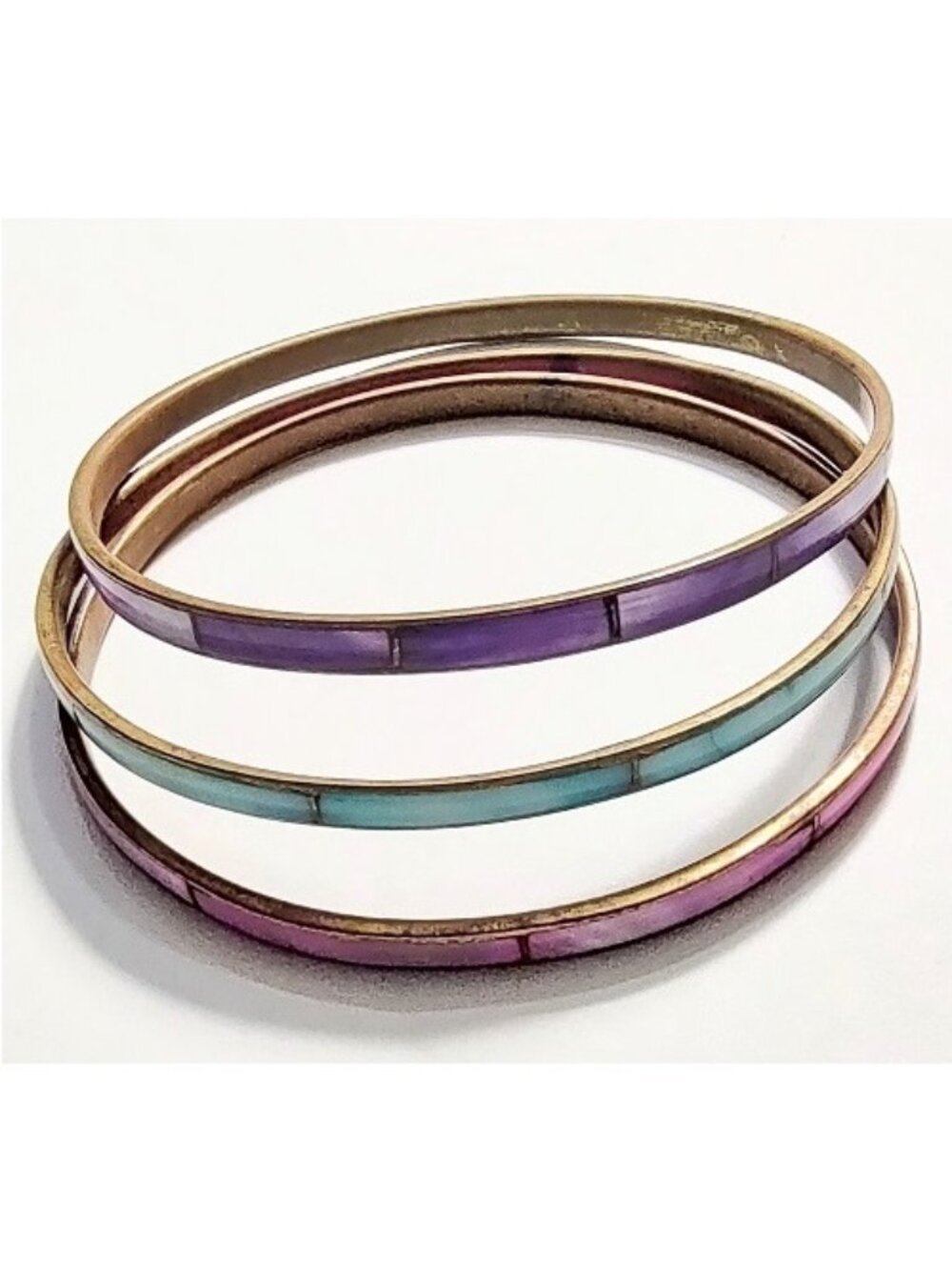 Vintage Brass and Mother of Pearl Purple, Pink, Turquoise Bangles